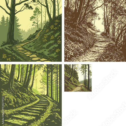 A mountain trail leading through a dense forest. 