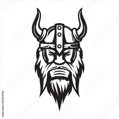 Viking warrior head logo. Norse barbarian with horned helmet and beard, vector mascot icon for sports or esports team. Black and white graphic illustration