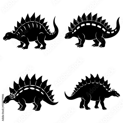 Four stegosaurus dinosaurs in black silhouette with distinctive plates and tail spikes isolated on white background