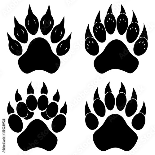 Illustration of four black bear paw prints with claws on a white background in a square format