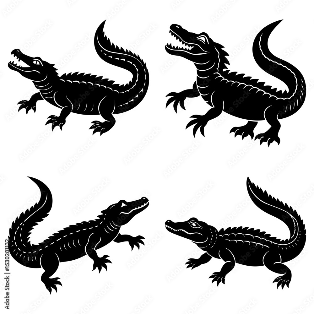 Fototapeta premium Four silhouette illustrations of alligators in various poses on a white background design element