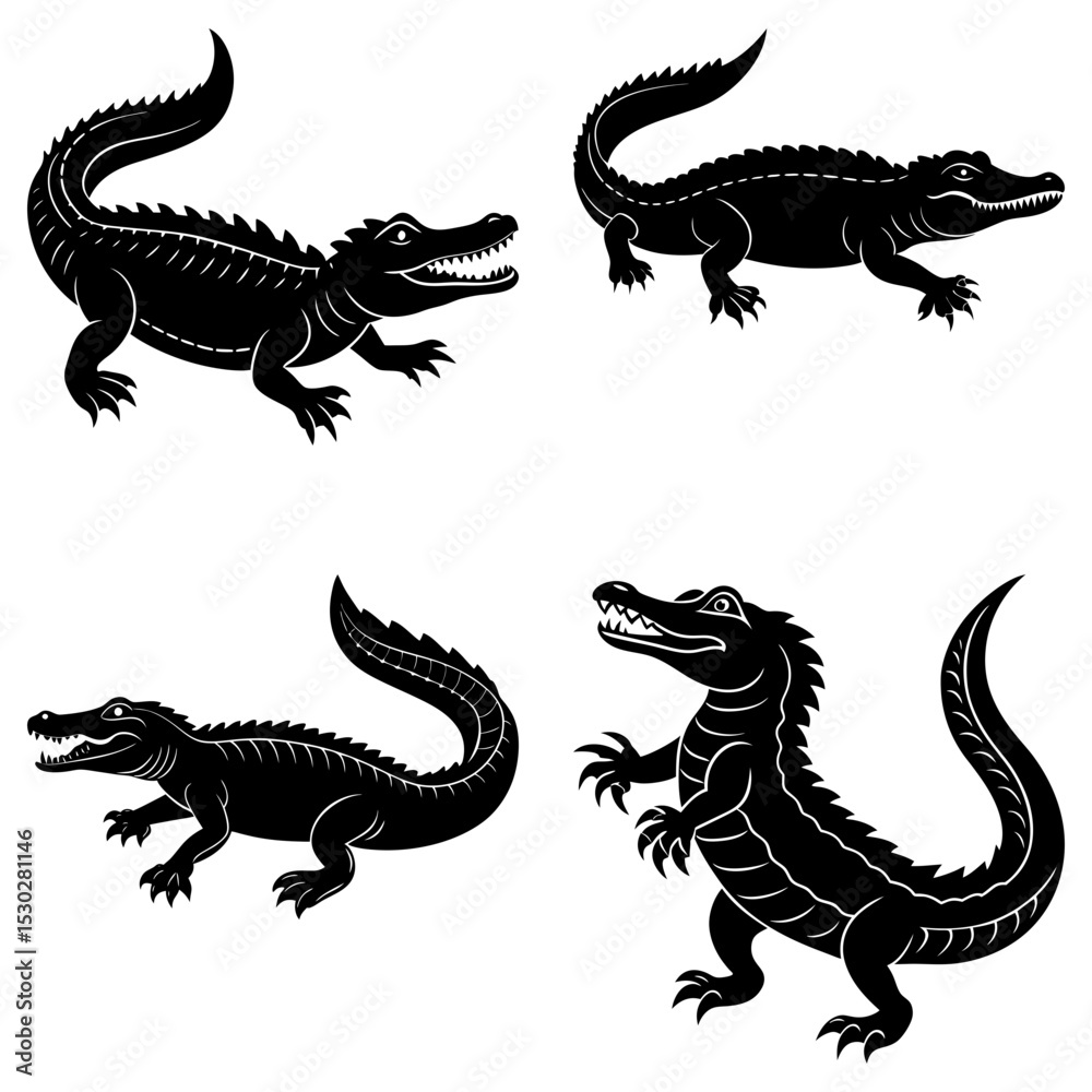 Fototapeta premium Four black silhouette illustrations of crocodiles in various poses on a white background design art