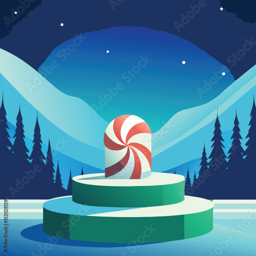 Festive podium design with peppermint swirl decorations