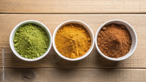 herb wild herb plant-based herbal medicine. Three bowls of colorful spices arranged on a wooden surface, showcasing various textures and hues.