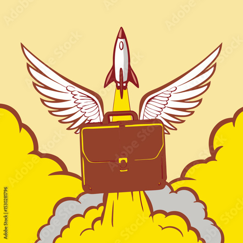 Briefcase with wings and rocket taking off in yellow sky