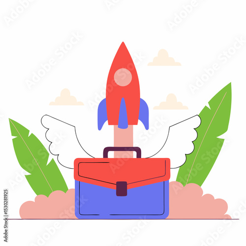 A briefcase with a rocket taking off in a flat design style