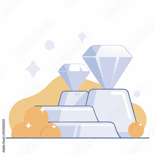 Illustration of silver bars and diamonds on a gold ground