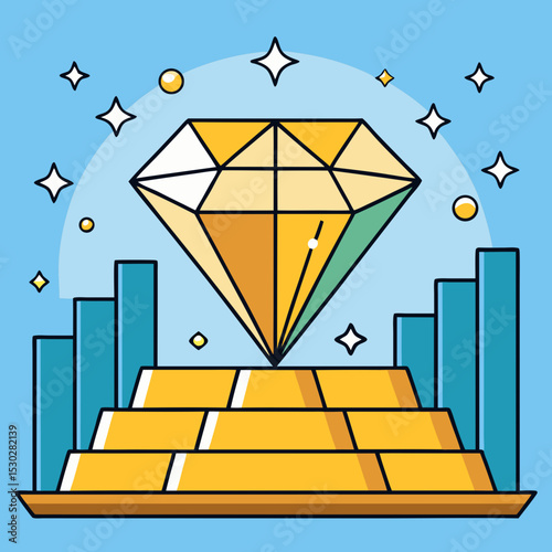 Diamond on gold bars with graph and stars on blue backdrop