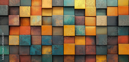 Colorful squares spliced into a wall, rich and diverse in color, presenting a retro - artistic decorative effect