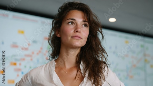 Confident woman standing in front of a digital map, symbolizing leadership and focus.