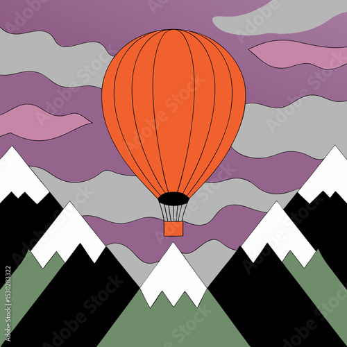 Illustration of a hot air balloon over mountain peaks