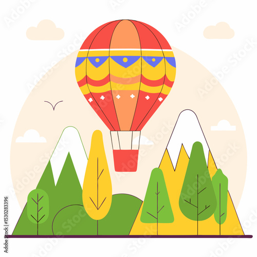Illustration of hot air balloon over mountains and trees