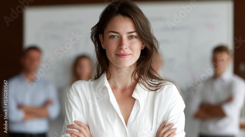 Confident young woman in front of colleagues in a professional setting. Free Download Confident young woman in front of colleagues in a professional setting. - GFXLoad