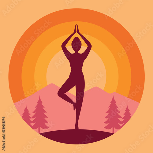 Silhouette of yogi in tree pose at sunset graphic