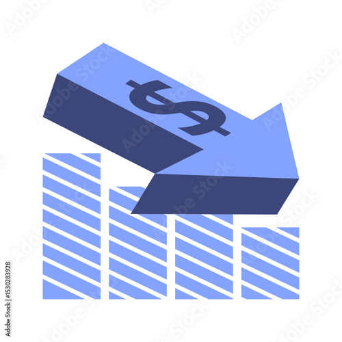 Dollar sign falling down with a descending bar chart, representing financial decline, currency depreciation, or economic downturn.