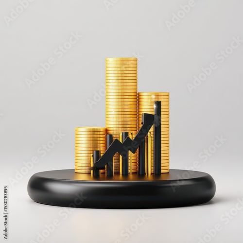 Gold coins stacked as bar graph, black upward trend graphic on a black pedestal