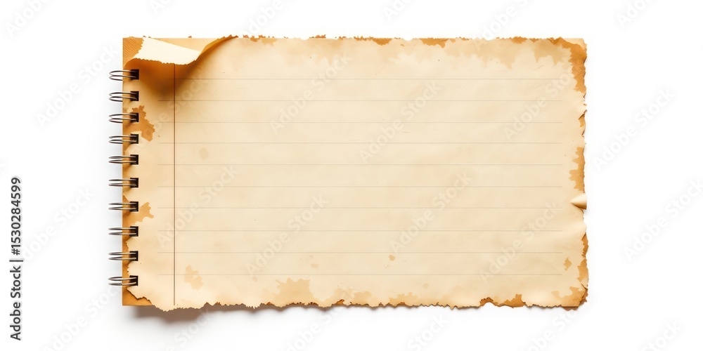 Fototapeta premium Vintage spiral-bound notebook with an open blank page featuring aged, textured paper and ragged, burnt edges, perfect for notes or historical documents.
