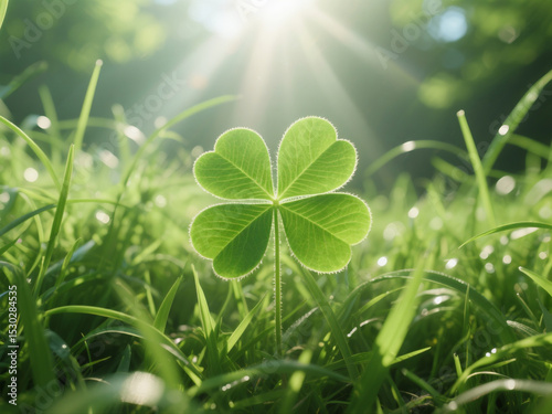 Lucky Four-Leaf Clover in Sunlit Grass