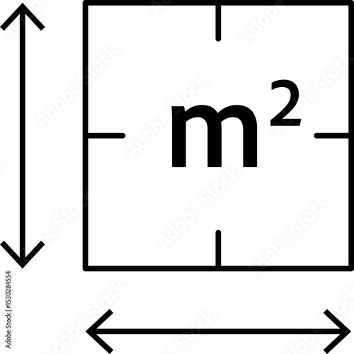 Flat surface measuring symbol with M2 sign. Square meter icon representing land, real estate, room, or house size. Clean linear vector design.