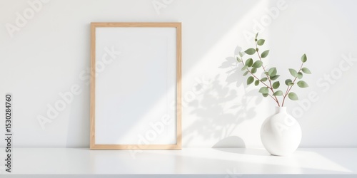 A bright and clean minimalist interior space featuring a blank wooden picture frame and a natural leafy plant arrangement in a simple white vase, illuminated by warm sunlight.