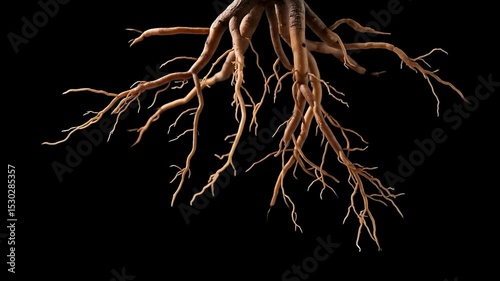  Tree roots growing on black background