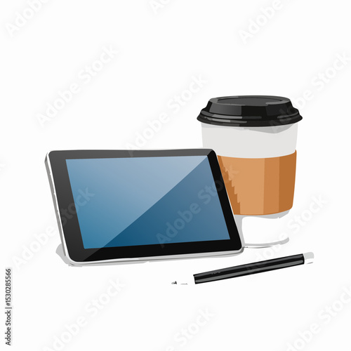 Vector of a tablet with stylus and takeaway coffee cup in a clean flat workspace on white.