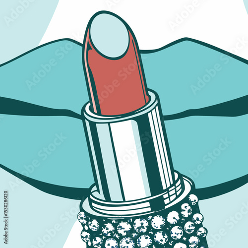 Close up of red lipstick with jeweled base and blue lips