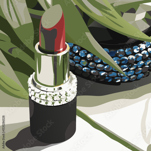 Close up of lipstick with jewelry and floral background
