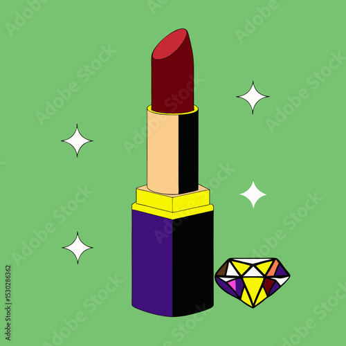 Illustration of lipstick with diamond on a green background