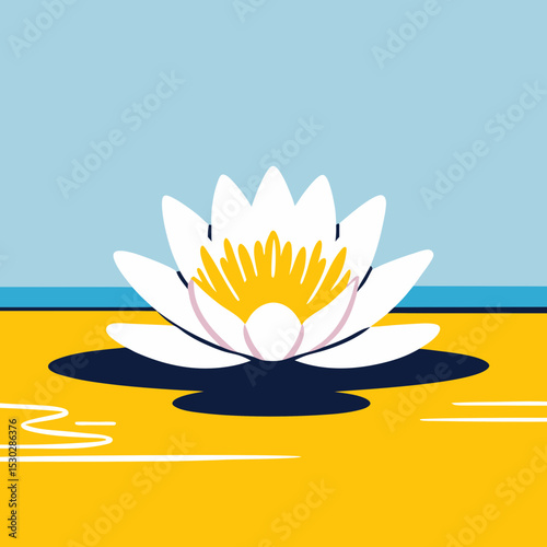 Illustration of a white lotus flower in a yellow pond