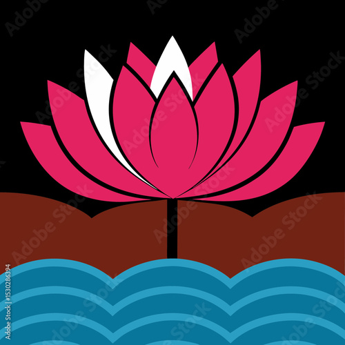 Illustration of a lotus flower above water and land area