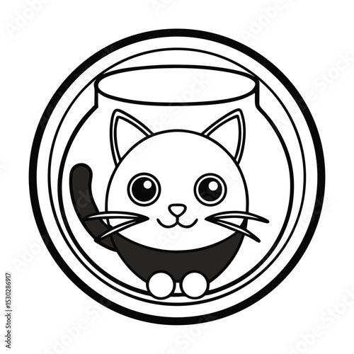 Black outline illustration of a cat inside a fishbowl