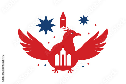 Patriotic bird silhouette with fireworks and landmarks vector art illustration