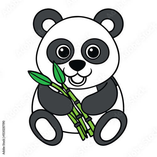Black outline panda eating bamboo isolated vector graphic