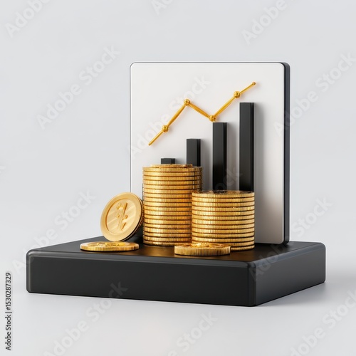Gold coins stacked, forming a chart.  A growth graph overlaid on white background.  3D rendering