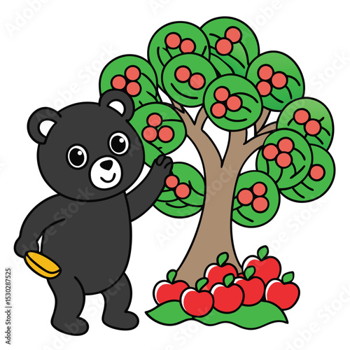 Printable black outline bear picking apples design