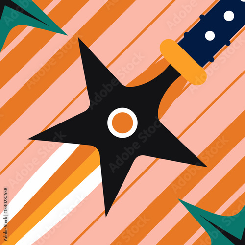 Artistic depiction of ninja star and kunai on striped backdrop