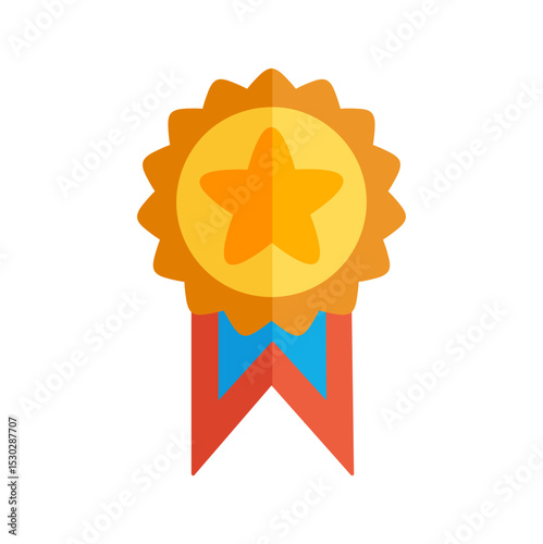 Gold medal award with blue ribbon and star representing victory