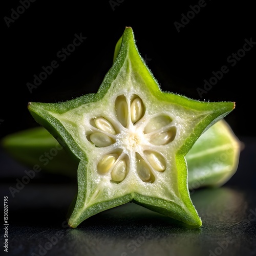 Star-shaped okra pods, star okra, vegetable, unique veggie shape, okra macro shot, elegance, surreal, smooth, visual, cool, majestic, display, stunning, awe, gorgeous, aesthetic, presentation