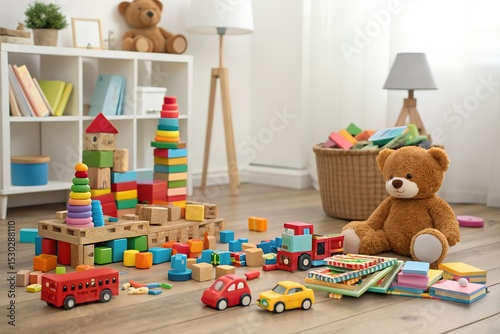 Colorful Wooden Blocks and Toy Cars Scattered on Floor in Child's Playroom