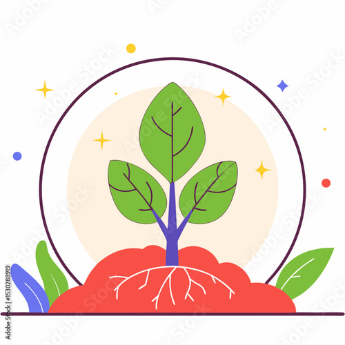 Illustration of a plant growing in soil with roots visible