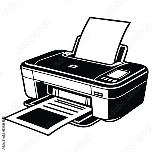 Vector Illustration of a printer printing a document in black and white