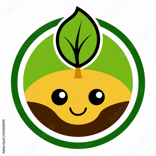 Cartoon sprout with a leaf inside a green circle frame