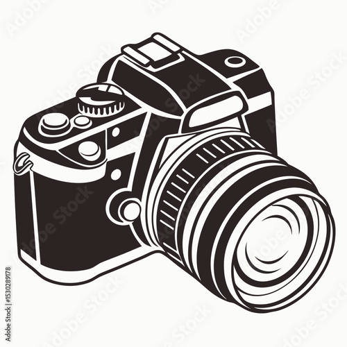 Black and white drawing of a DSLR camera with a lens attached