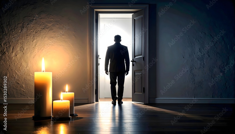 Obraz premium Silhouette of a Faceless Figure Lurking in Candlelight Drama