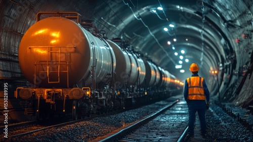 Worker in a tunnel observing a train of tanker cars.