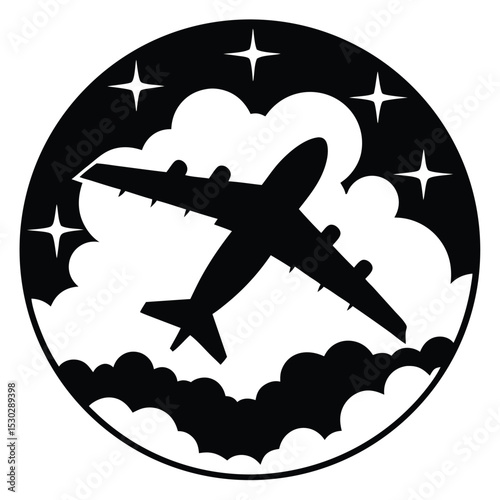 Airplane silhouette flying above clouds vector graphic