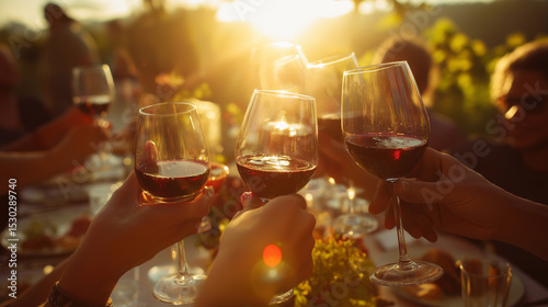 Fototapeta Naklejka Na Ścianę i Meble -  Group of friends toasting with red wine at sunset during an outdoor dinner celebration.
