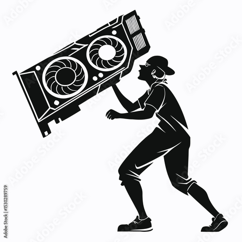 Man struggles to hold giant graphics card, a comical depiction of PC hardware
