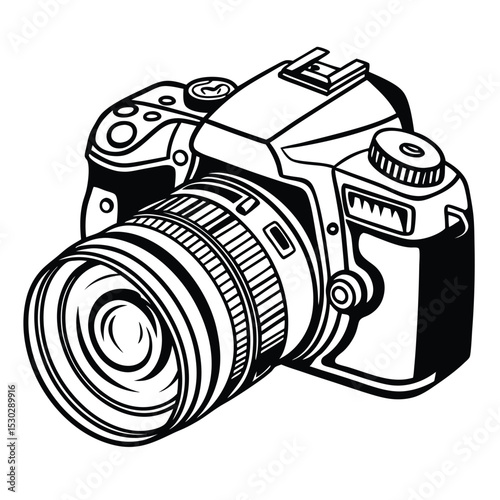 Monochrome vector illustration of a modern digital single lens reflex camera